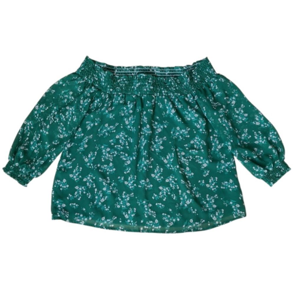 Boho Floral Puff Sleeve Peasant Top M Green Romantic Cottagecore Off Shoulder